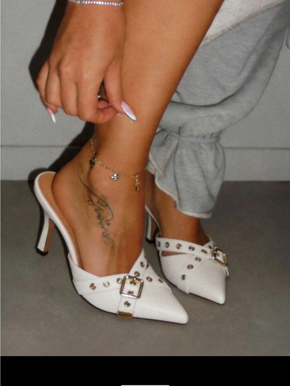 Women's White Studded Pointed-Toe Mule Heels
